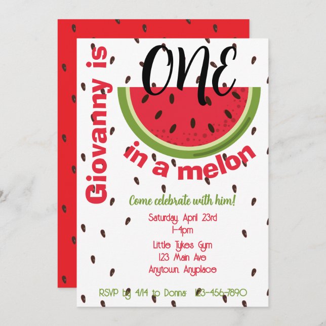 One in a Melon 1st Birthday Party Einladung (Vorne/Hinten)