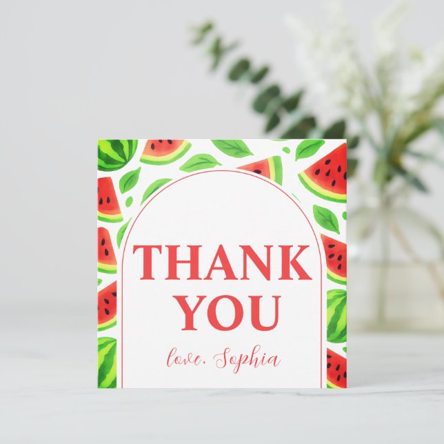 One In A Melon Watermelon Birthday Party Dankeskarte (Stehend Vorderseite)