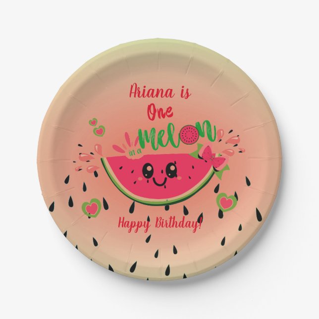 One In a Melon Watermelon Girl's First Birthday Pappteller (Vorderseite)