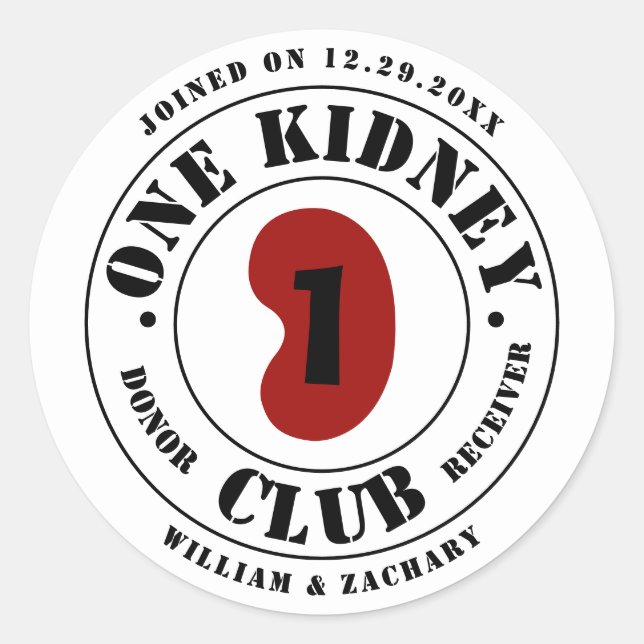 One Kidney Club Donor Receiver Names Date Runder Aufkleber (Vorderseite)