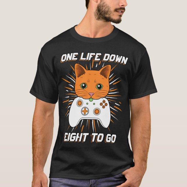 One Life Down Orange Cartoon Cat Controller Gamer T-Shirt (Vorderseite)