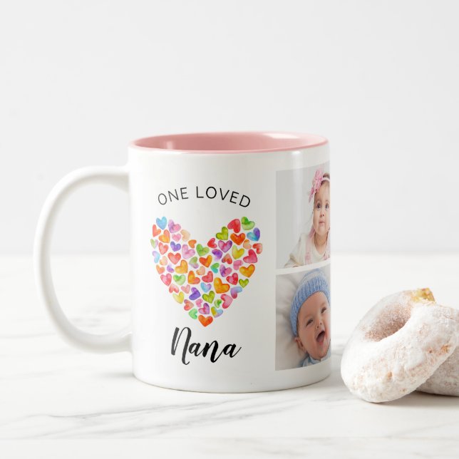 One Love Nana Four Foto Collage Zweifarbige Tasse (Mit Donut)