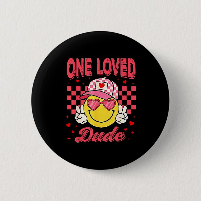 One Loved Dude Checkered Heart Valentines Day Boys Button (Vorderseite)