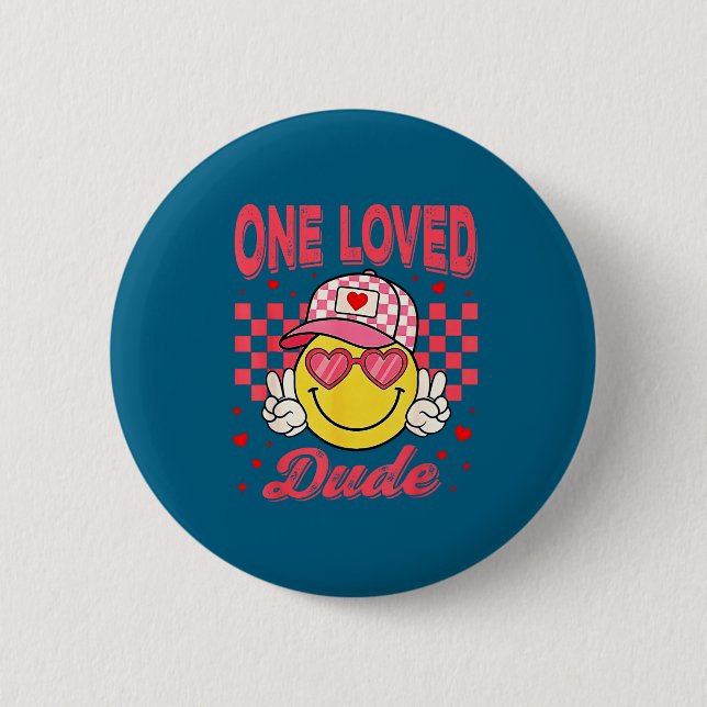 One Loved Dude Checkered Heart Valentines Day Boys Button (Vorderseite)