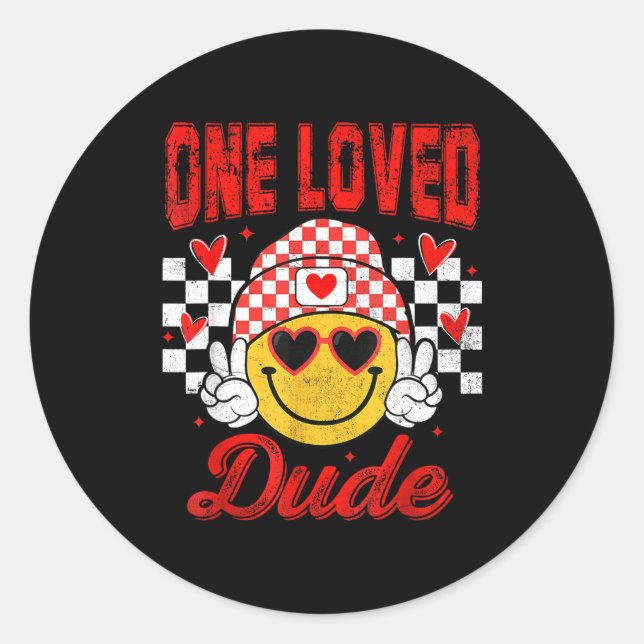 One Loved Dude Checkered Heart Valentines Day Boys Runder Aufkleber (Vorderseite)