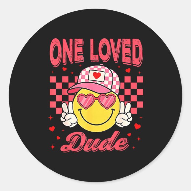 One Loved Dude Checkered Heart Valentines Day Boys Runder Aufkleber (Vorderseite)
