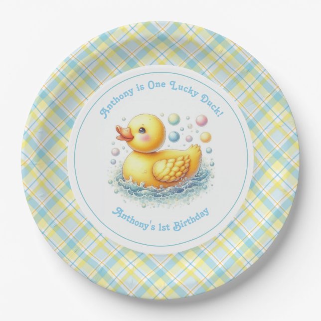 One Lucky Duck First Birthday Party Pappteller (Vorderseite)
