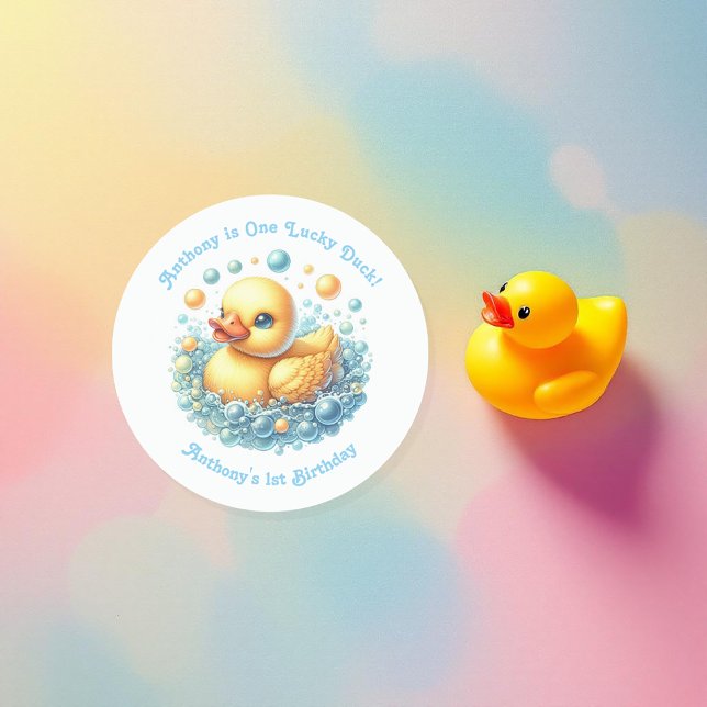 One Lucky Duck First Birthday Party Runder Aufkleber (One Lucky Duck First Birthday Party Classic Round Sticker)