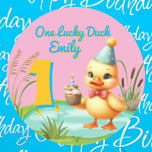 One Lucky Duck Girl 1. Geburtstag Party Runder Aufkleber
