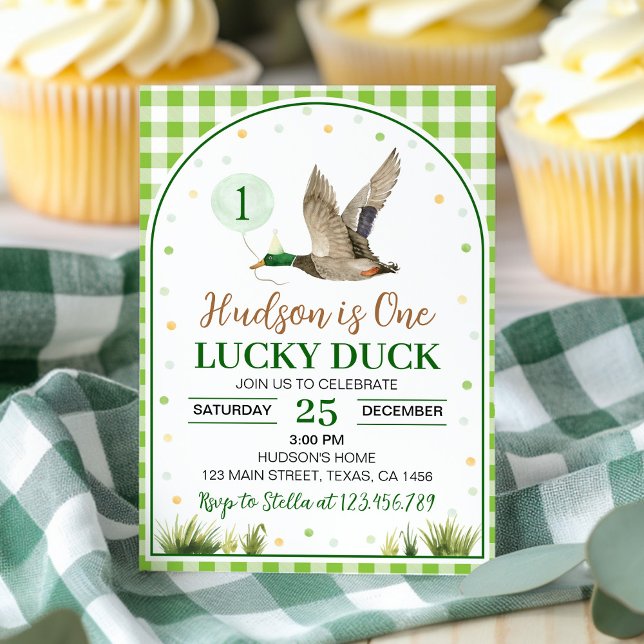 One Lucky Duck Green Gingham Birthday Einladung (Von Creator hochgeladen)