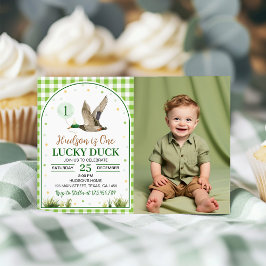 One Lucky Duck Green Gingham Birthday Foto Einladung