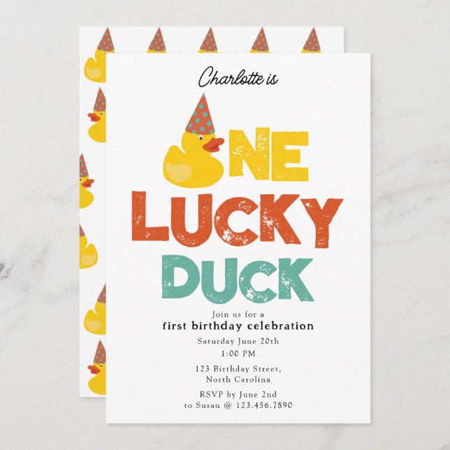 One Lucky Duck Invite 1st  First Birthday Cute Einladung (Vorne/Hinten)