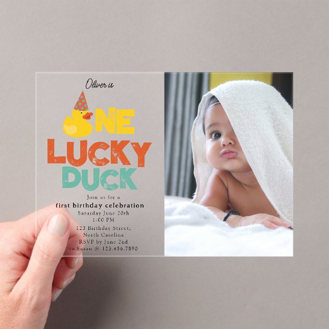 One Lucky Duck Invite 1st  First Birthday Photo Acryleinladungen (Insitu (Handheld))