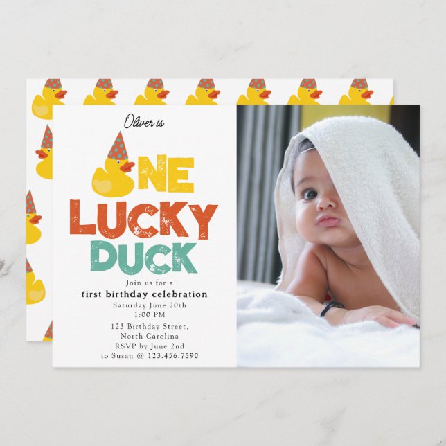 One Lucky Duck Invite 1st  First Birthday Photo Einladung (Vorne/Hinten)