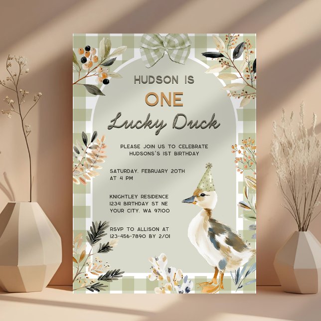 One Lucky Duck Niedlich Duckling Gingham 1. Geburt Einladung (Von Creator hochgeladen)