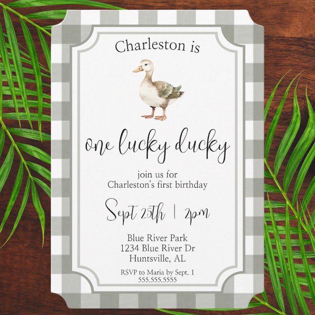 "One Lucky Ducky Niedlich Picnic First Birthday Pa Einladung (one lucky ducky first birthday party gender neutral 1st bday for baby boy or girl green picnic cute)
