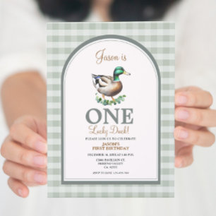 One Lucky Mallard Ducks Green Gingham 1. Geburtsta Einladung