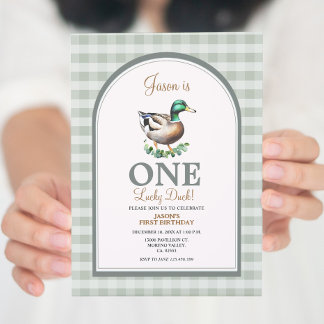 One Lucky Mallard Ducks Green Gingham 1. Geburtsta Einladung