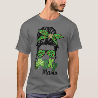 One Lucky Mama Messy Bun Leopard St Patrick's Day T-Shirt
