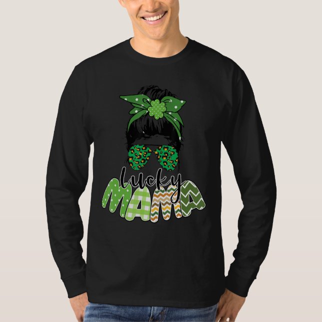 One Lucky Mama St Patrick S Day Leopard Messy Bun T-Shirt (Vorderseite)