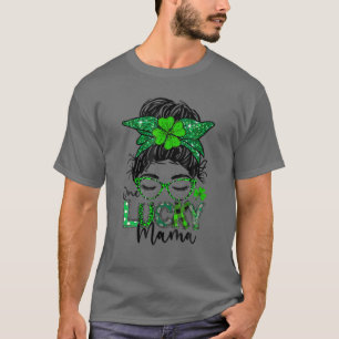 One Lucky Mama St Patrick's Day Messy Bun Leopard T-Shirt