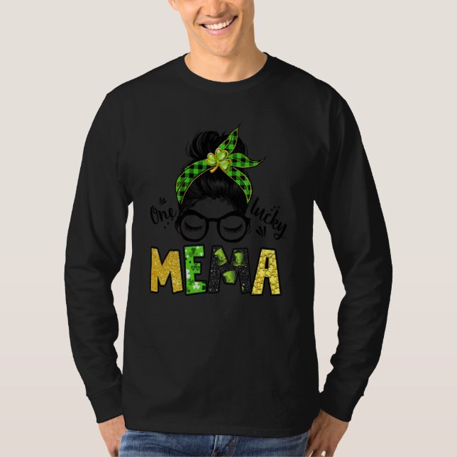 One Lucky Mema Messy Bun Leopard St Patrick's Day T-Shirt (Vorderseite)