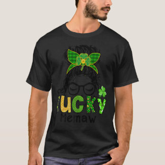 One Lucky Memaw Messy Bun Leopard St Patrick's Day T-Shirt
