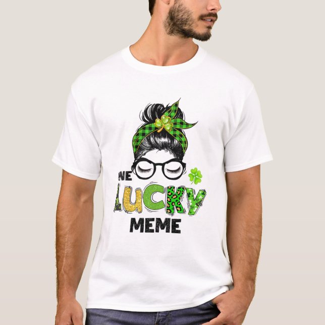 One Lucky Meme Messy Bun Leopard St Patrick's Day T-Shirt (Vorderseite)
