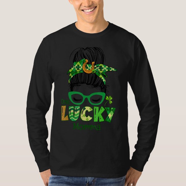 One Lucky Momma Messy Bun Leopard St Patrick's Day T-Shirt (Vorderseite)