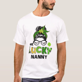 One Lucky Nanny Messy Bun Leopard St Patrick's Day T-Shirt