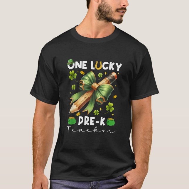 One Lucky Pre K Teacher coquette bow St Patricks D T-Shirt (Vorderseite)