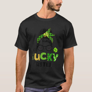 One Lucky Sister Messy Bun Leopard St Patrick's Da T-Shirt