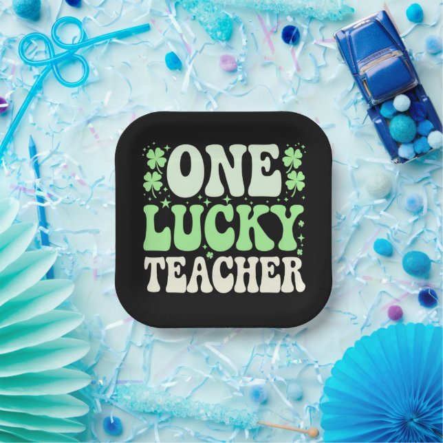 One Lucky Teacher Groovy Retro Teacher St Patricks Pappteller (Party)
