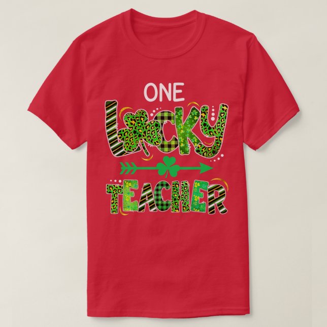 One Lucky Teacher Kleeblatt Leopard Kariert St. T-Shirt (Design vorne)