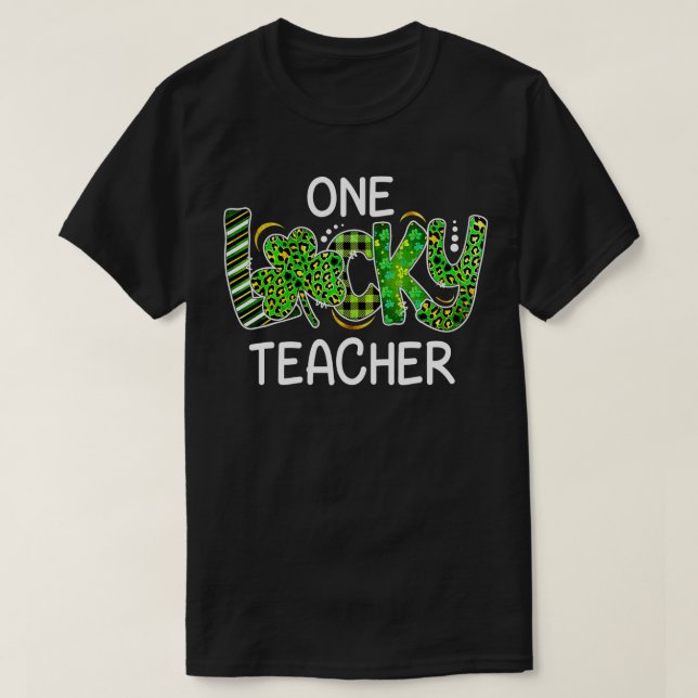 One Lucky Teacher Kleeblatt Leopard Kariert St. T-Shirt (Design vorne)