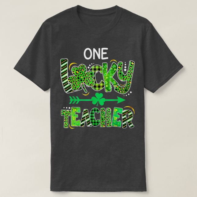 One Lucky Teacher Kleeblatt Leopard Kariert St. T-Shirt (Design vorne)