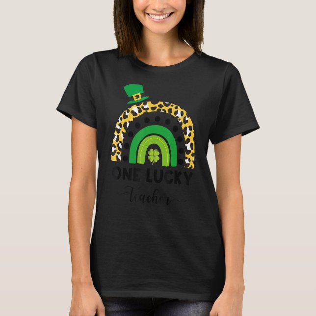 One Lucky Teacher Leopard Print Rainbow St Patrick T-Shirt (Vorderseite)