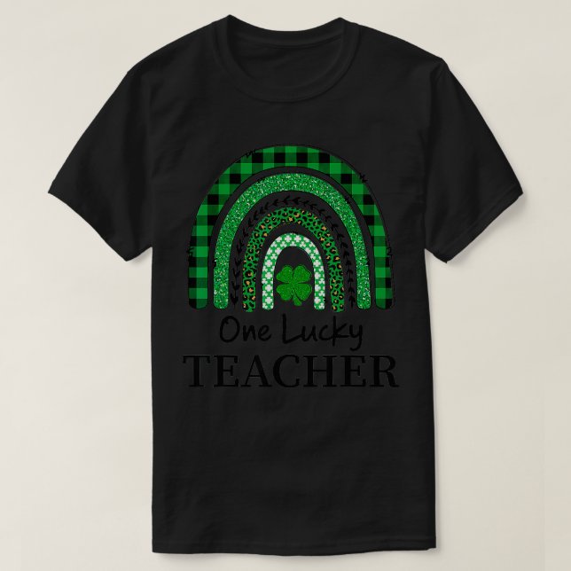 One Lucky Teacher Leprard Rainbow Kariert St Patri T-Shirt (Design vorne)
