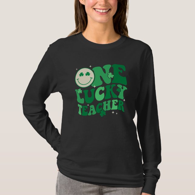 One Lucky Teacher Shamrock Groovy St Patrick's Day T-Shirt (Vorderseite)
