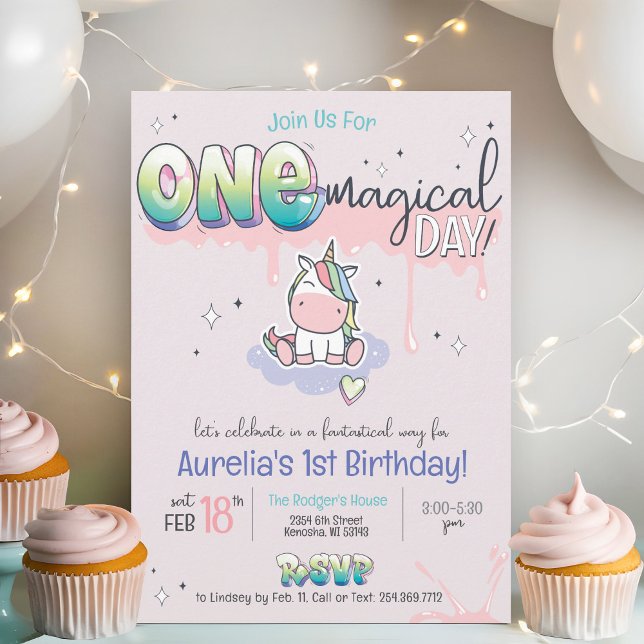 One Magical Day Unicorn Graffiti Girl 1. Geburtsta Einladung (One magical day cute first pink pastel graffiti kawaii unicorn rainbow 1st birthday party invitation)