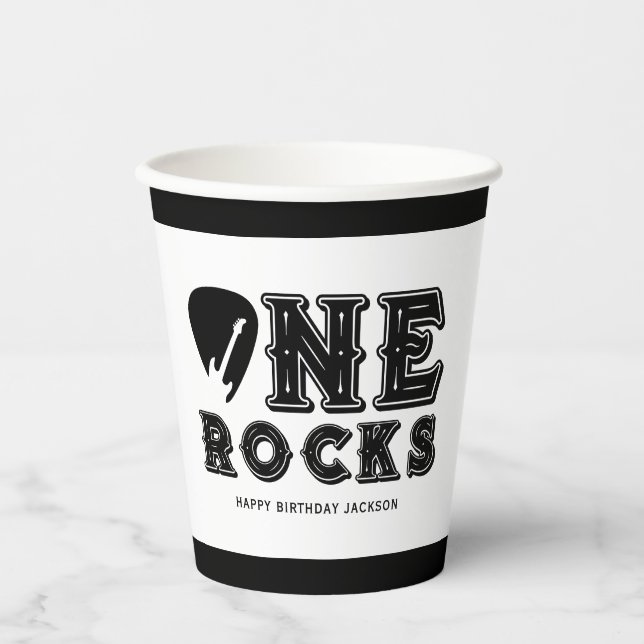 One Rocks Gitarrenpick 1. Geburtstagsfeier Pappbecher (Vorderseite)