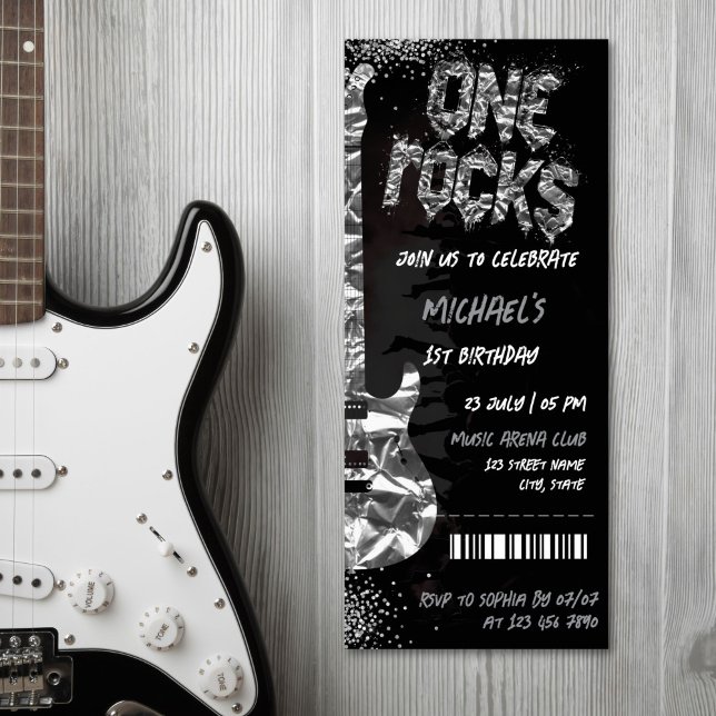 One Rocks Music Themenkonzert Geburtstag Einladung (SILVER ELECTRIC GUITAR WITH GLITTER ON THE BLACK BACKGROUND ROCK CONCERT INVITATION)