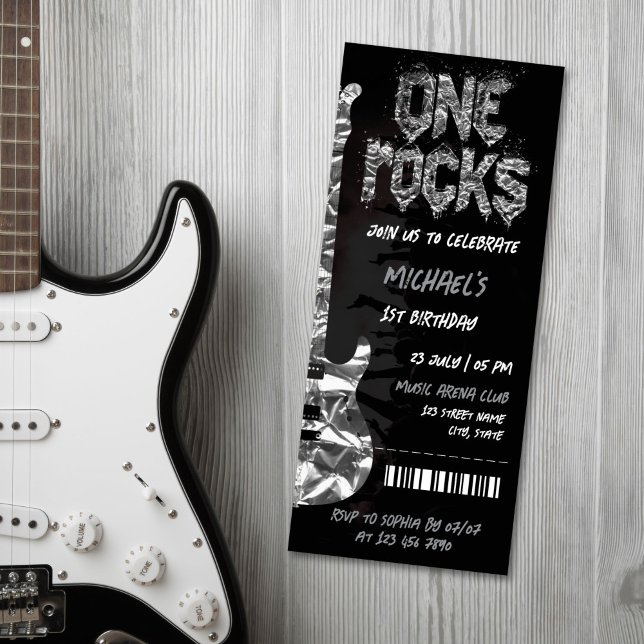 One Rocks Music Themenkonzert Geburtstag Einladung (rock concert ticket silver and black with electric guitar)