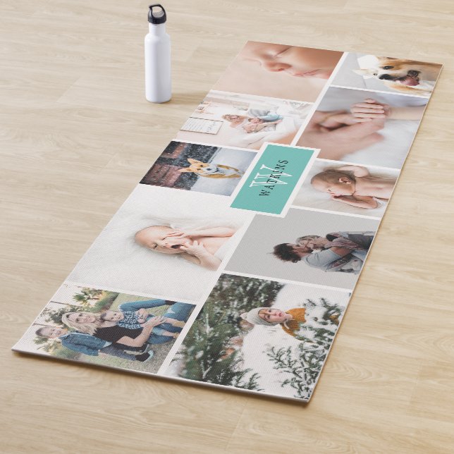 One-Side-Aquamarin Monogram-Familienfoto-Collage Yogamatte (Beispiel)