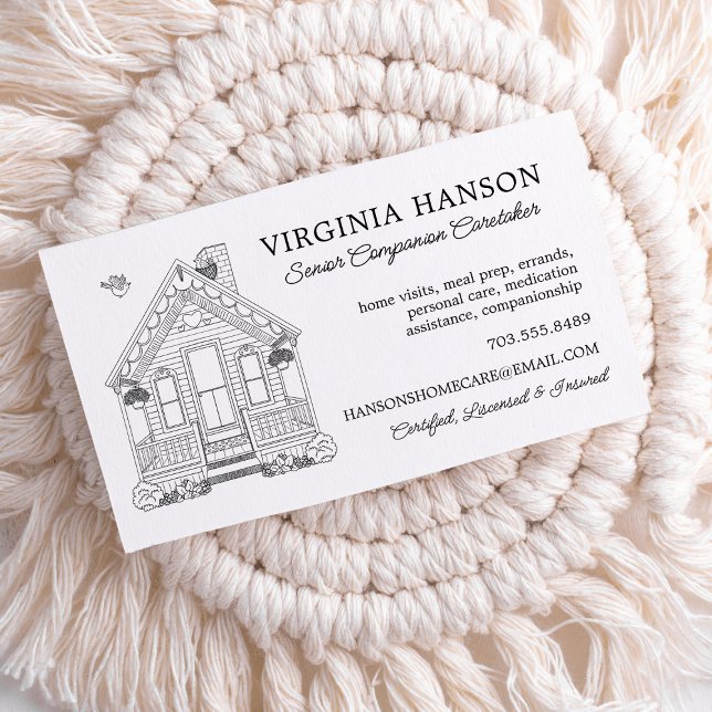 One Side House Zeichnend Betreuung Visitenkarte (Classy Cute Home Caregiver Business Card)