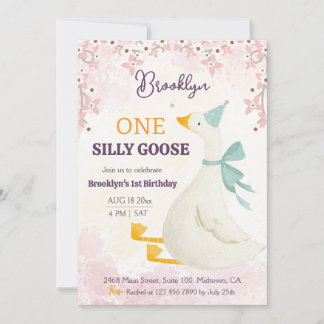 One silly goose 1st birthday pink floral girl cute einladung