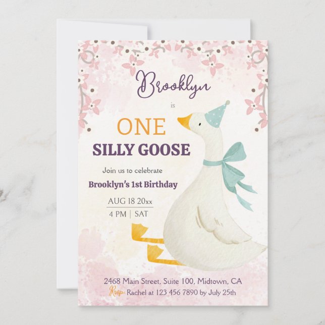 One silly goose 1st birthday pink floral girl cute einladung (Vorderseite)
