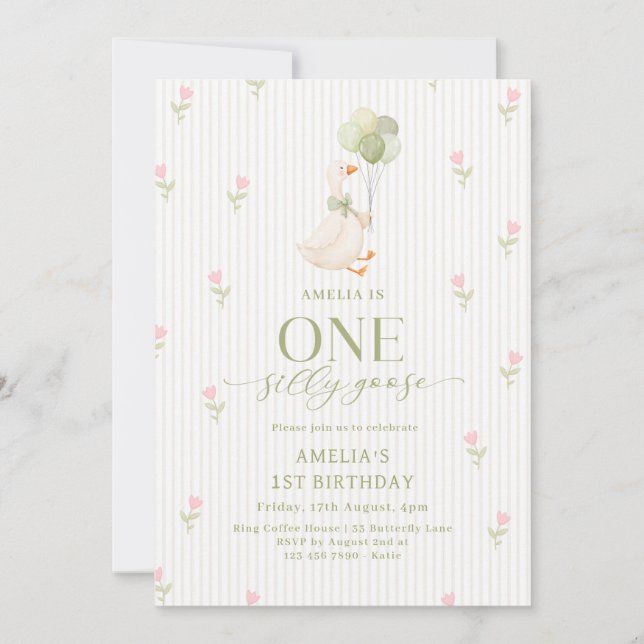 One Silly Goose Balloons Floral 1st Birthday Einladung (Vorderseite)