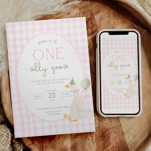One Silly Goose Birthday Invite Pink Gingham Einladung (Von Creator hochgeladen)