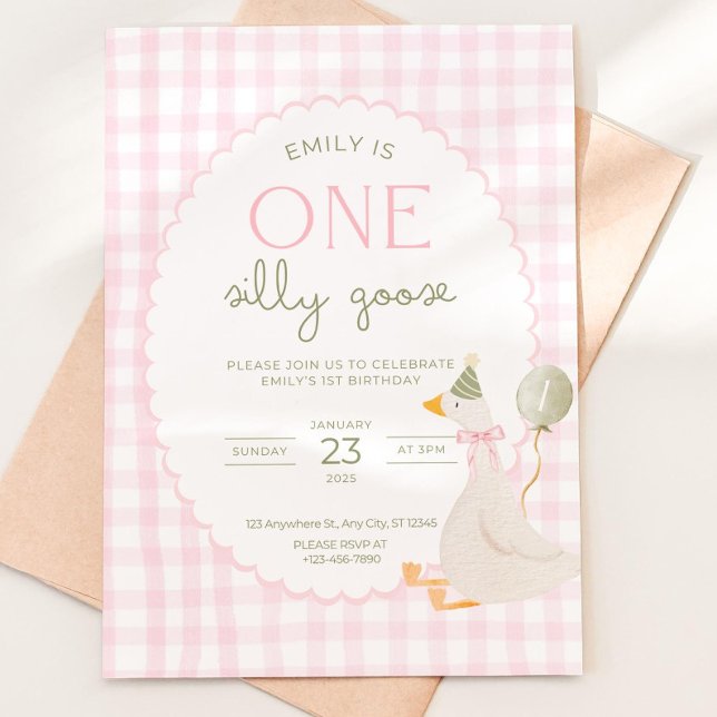 One Silly Goose Birthday Invite Pink Gingham First Einladung (Von Creator hochgeladen)